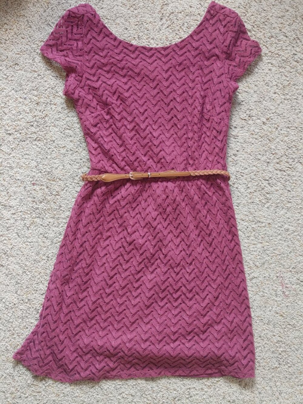 Lace Overlay Dress with Brown Braided Belt